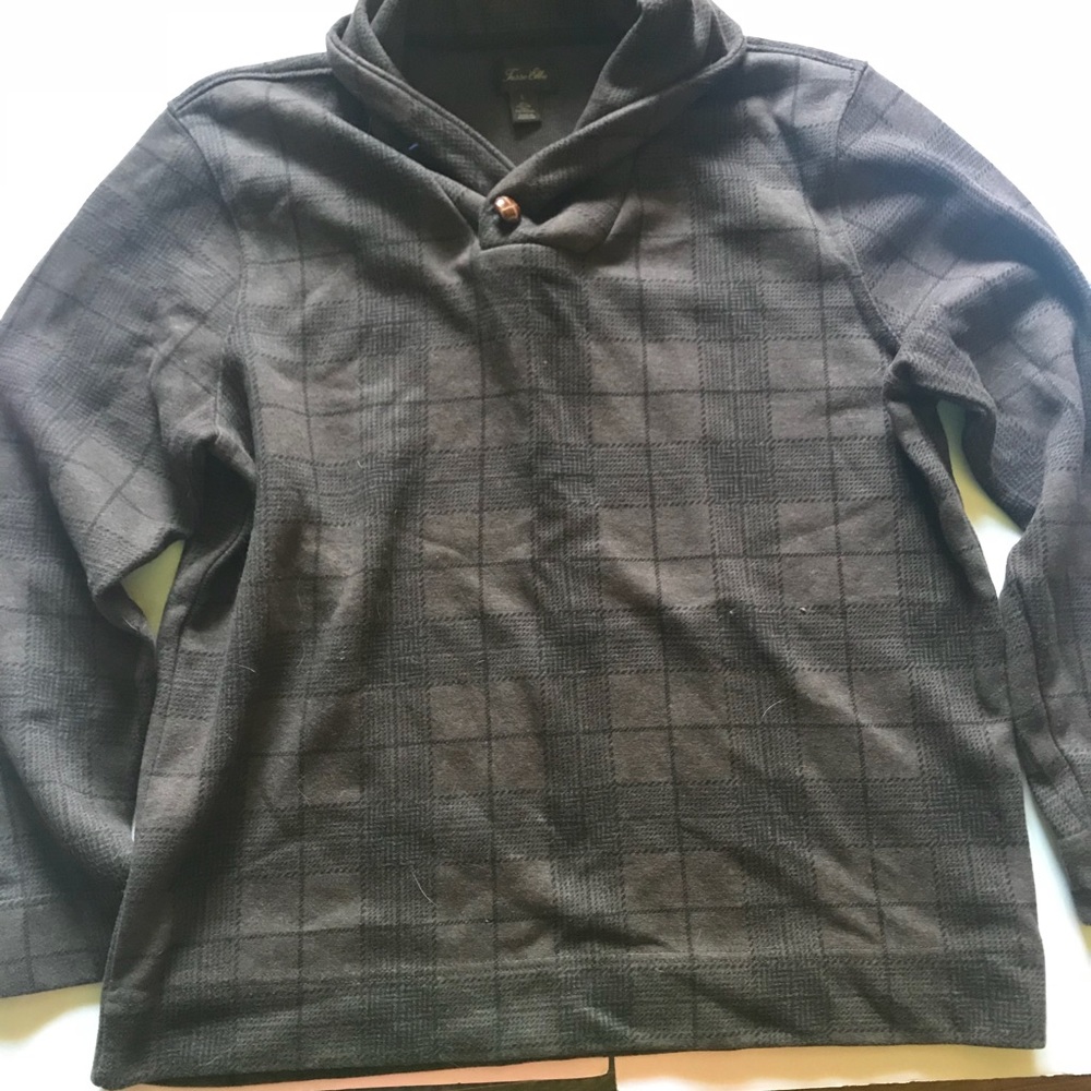 Tasso Elba Brown Plaid One Button Shawl Sweater